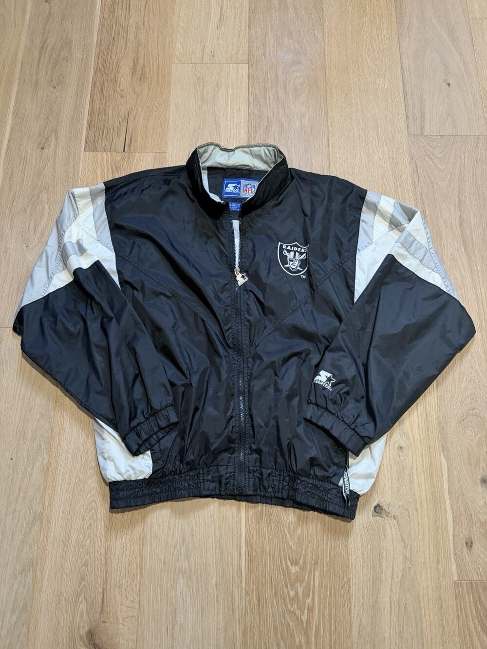 Vintage 90s Starter Oakland Raiders NFL Jacket Black Spell Out Men L Made Korea